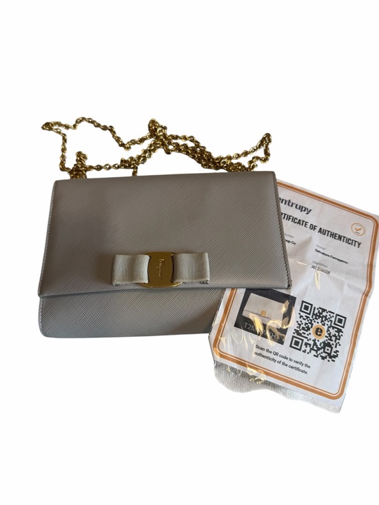 Salvatore Ferragamo Handbags - Salvatore Ferragamo Light Gray Vara Bow Chain Crossbody Bag